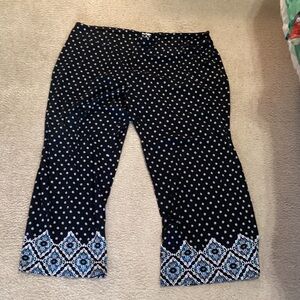 Kim Rogers Black Wide-Leg Pants with Blue & White Border Print